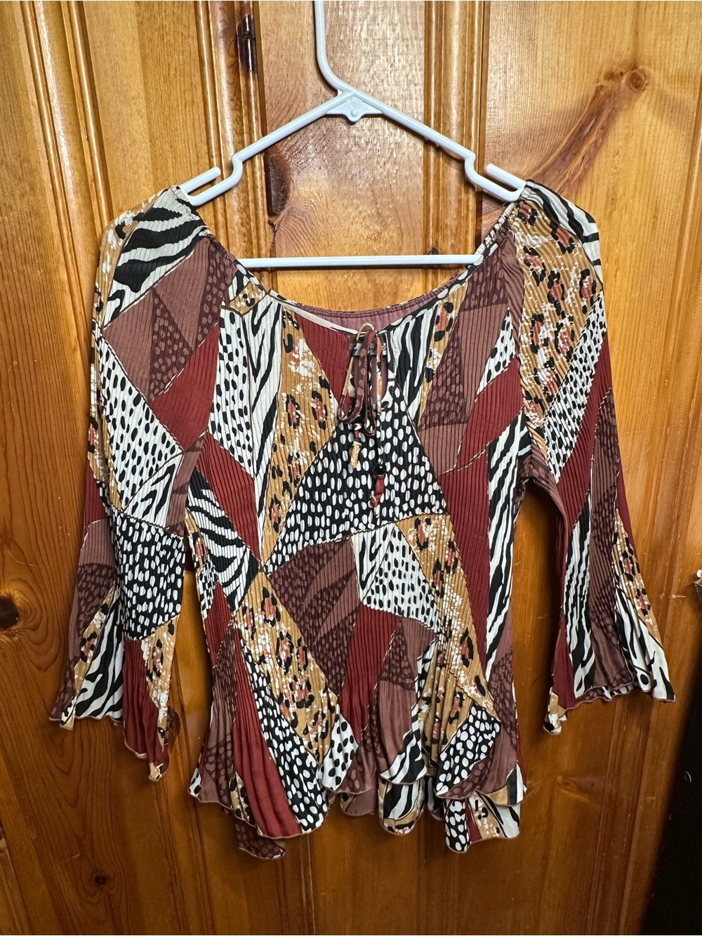 Signature by Larry Levine Mixed Patchwork Bell Sleeve Top in Brown, Black, Cream